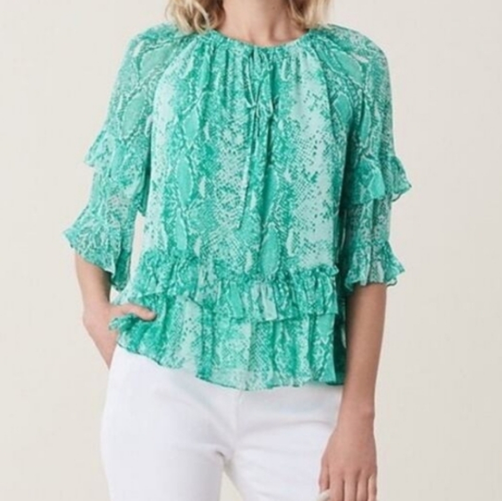 Diane Von Furstenberg Ruffle Silk Chiffon Blouse green teal sz Medium
